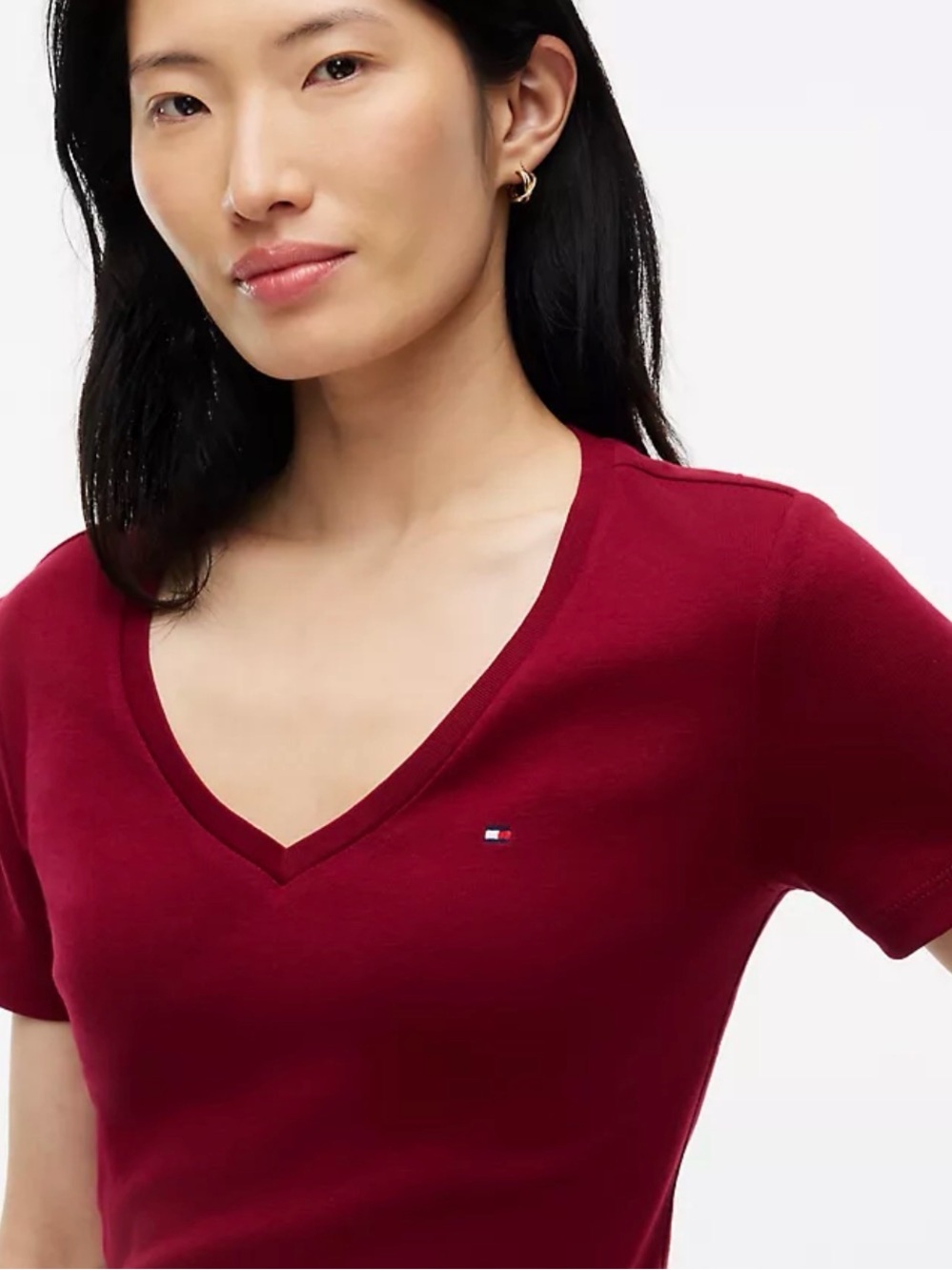 Tommy Hilfiger V-Neck Short Sleeve Top - Burgundy